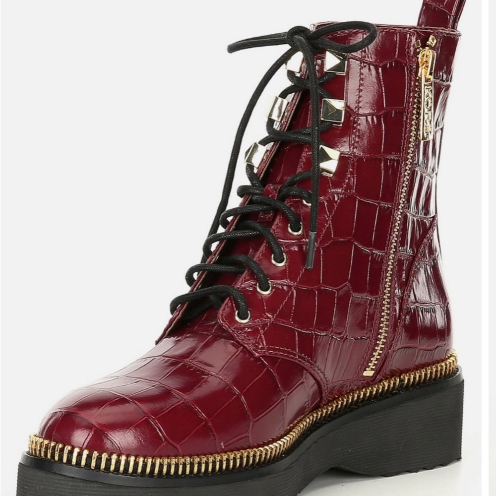 Women’s Burgundy Croc-Embossed Lace-Up Boot with Gold Trim